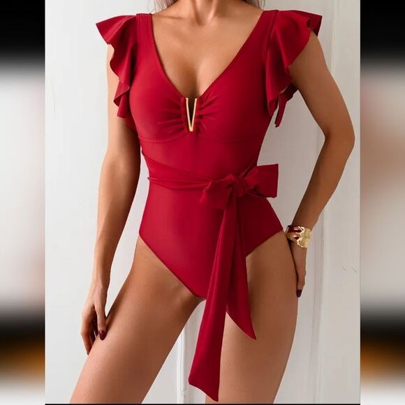 New Red Ruffle V Detail Bow Waist One  Piece Swimsuit Xl, xxl, 12, 14 - Picture 7 of 14